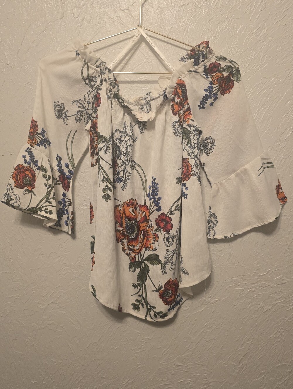 Flower & Feather Off Shoulder Floral Bell Sleeve Blouse Small Boho